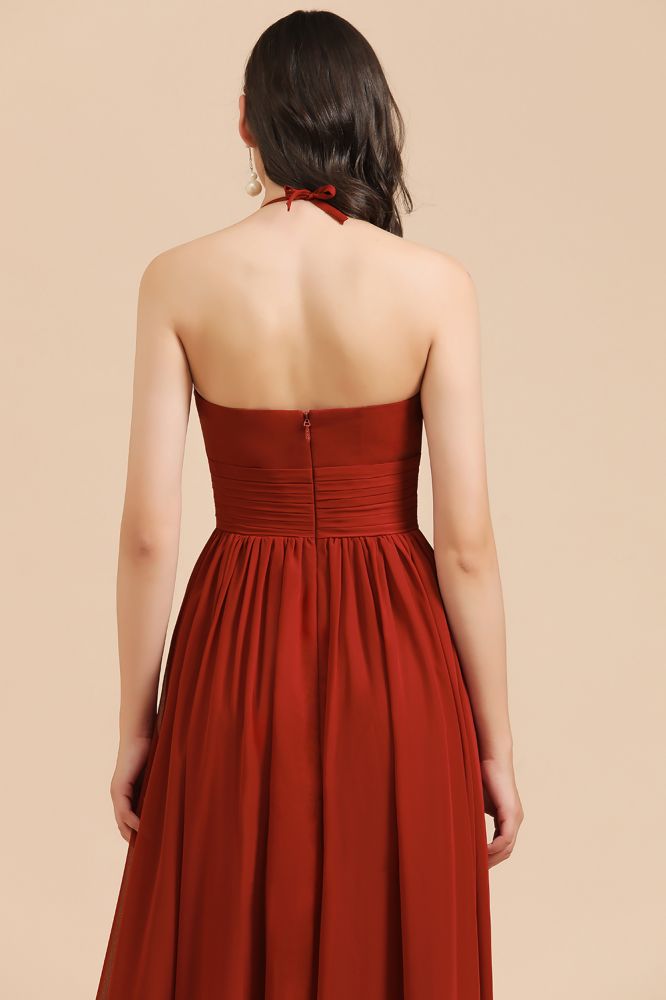 Robe de demoiselle d'honneur élégante en mousseline de soie, coupe trapèze, sans manches, longueur au sol, dos nu, style Aline.