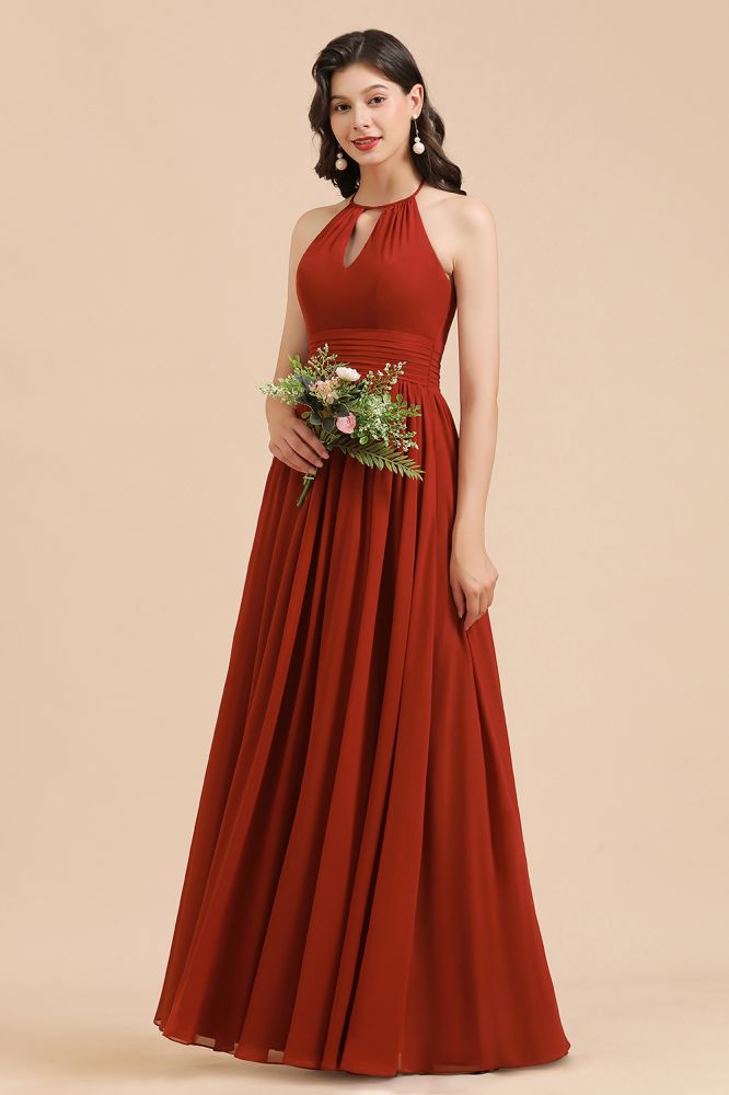Robe de demoiselle d'honneur élégante en mousseline de soie, coupe trapèze, sans manches, longueur au sol, dos nu, style Aline.