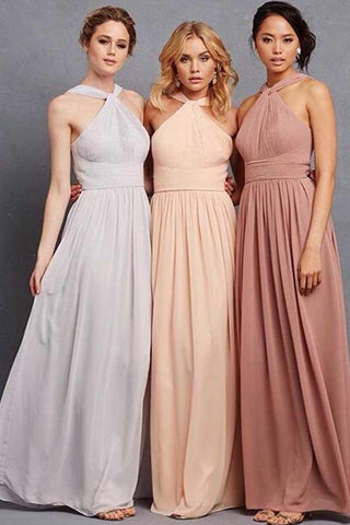 Elegantes vestidos de dama de honor de gasa estilo imperio con volantes y escote halter BD033
