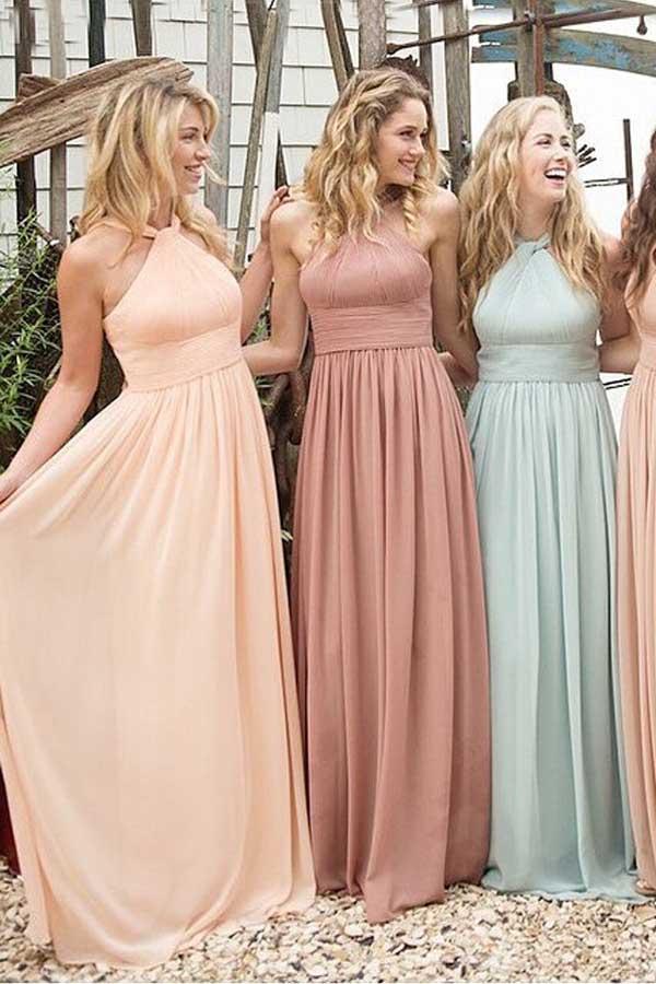 Elegantes vestidos de dama de honor de gasa estilo imperio con volantes y escote halter BD033