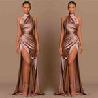 Elegant High Neck Sleeveless Prom Dresses Mermaid Long Split