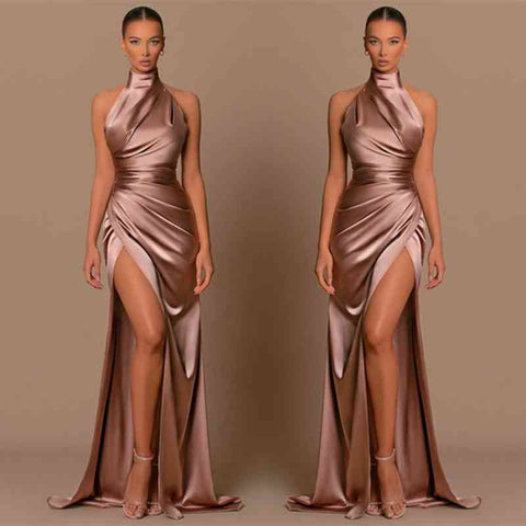 Elegantes vestidos de fiesta sin mangas de cuello alto estilo sirena con abertura larga