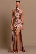 Elegant High Neck Sleeveless Prom Dresses Mermaid Long Split