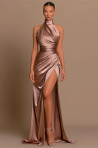 Elegant High Neck Sleeveless Prom Dresses Mermaid Long Split