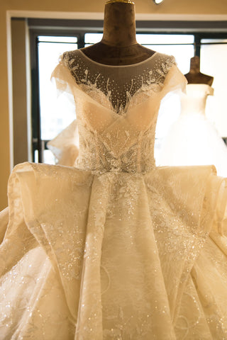 Elegante vestido de novia princesa de corte princesa con escote ilusión, mangas casquillo, apliques de tul y corte en A 