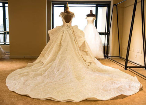 Elegante vestido de novia princesa de corte princesa con escote ilusión, mangas casquillo, apliques de tul y corte en A 