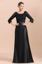 Vestido de madrina de la novia, elegante, con mangas 3/4, satén negro con encaje y volantes, en oferta.