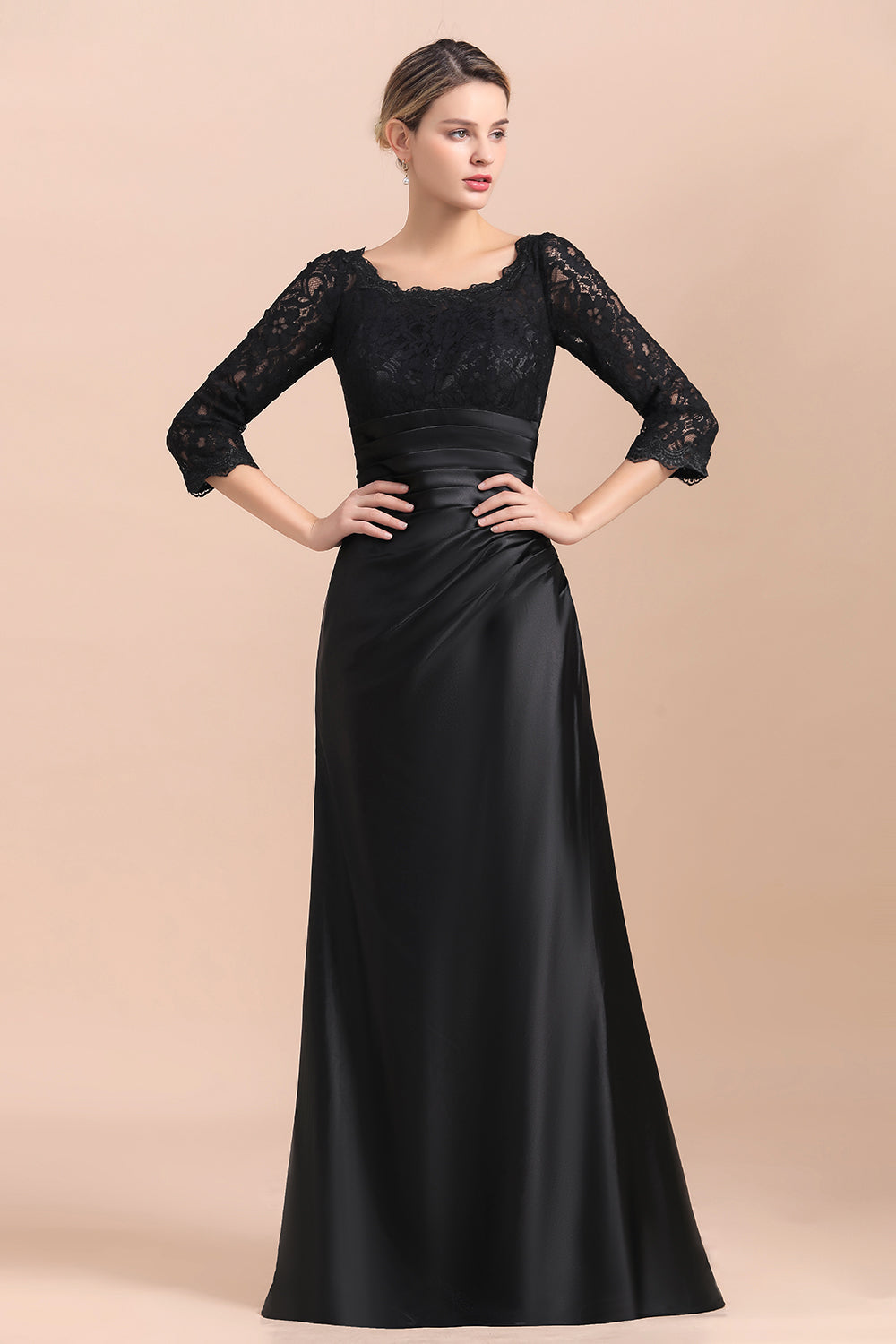 Vestido de madrina de la novia, elegante, con mangas 3/4, satén negro con encaje y volantes, en oferta.
