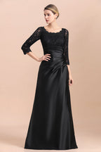 Vestido de madrina de la novia, elegante, con mangas 3/4, satén negro con encaje y volantes, en oferta.