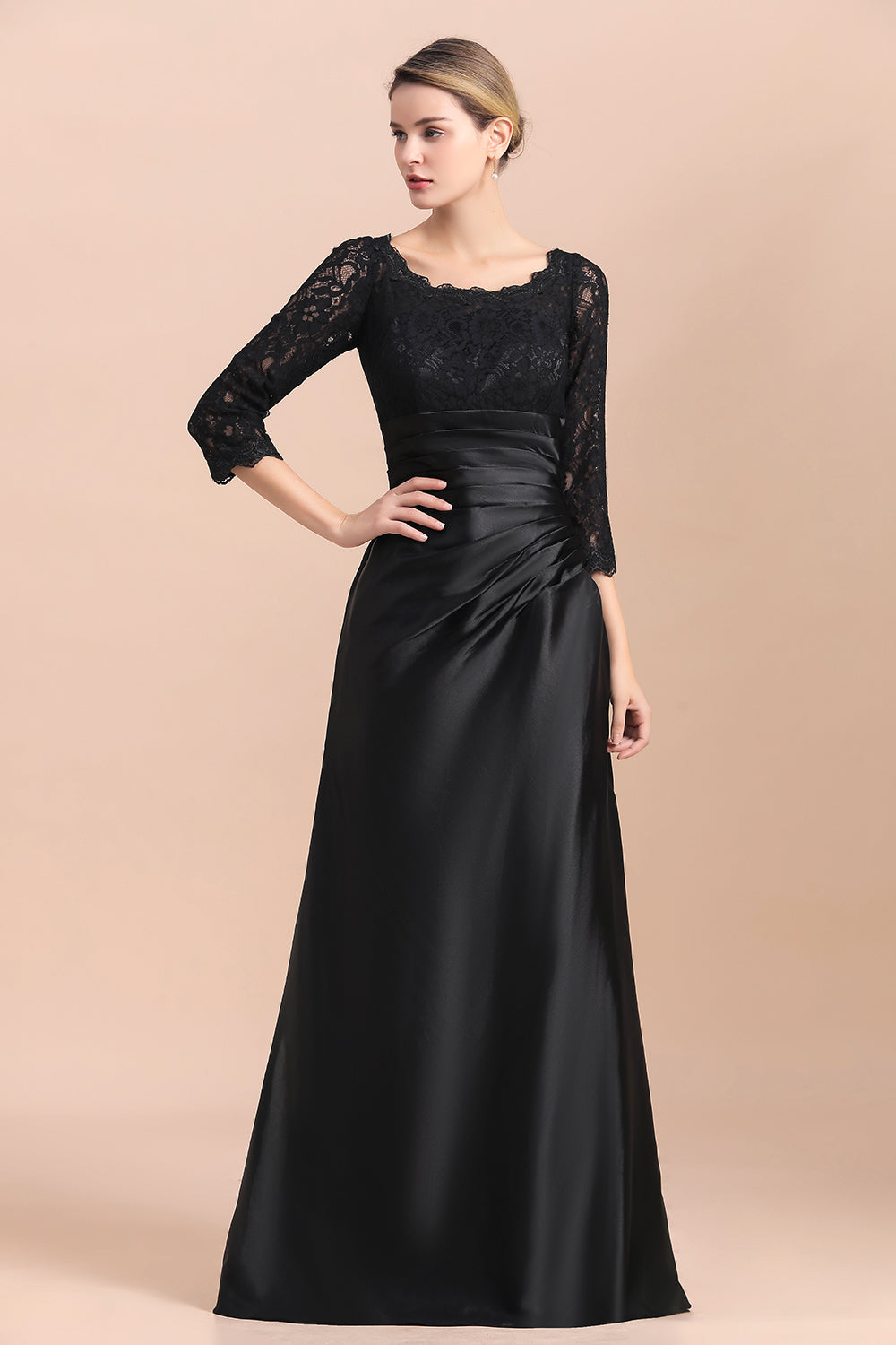 Vestido de madrina de la novia, elegante, con mangas 3/4, satén negro con encaje y volantes, en oferta.