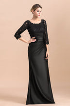 Vestido de madrina de la novia, elegante, con mangas 3/4, satén negro con encaje y volantes, en oferta.