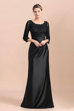 Vestido de madrina de la novia, elegante, con mangas 3/4, satén negro con encaje y volantes, en oferta.
