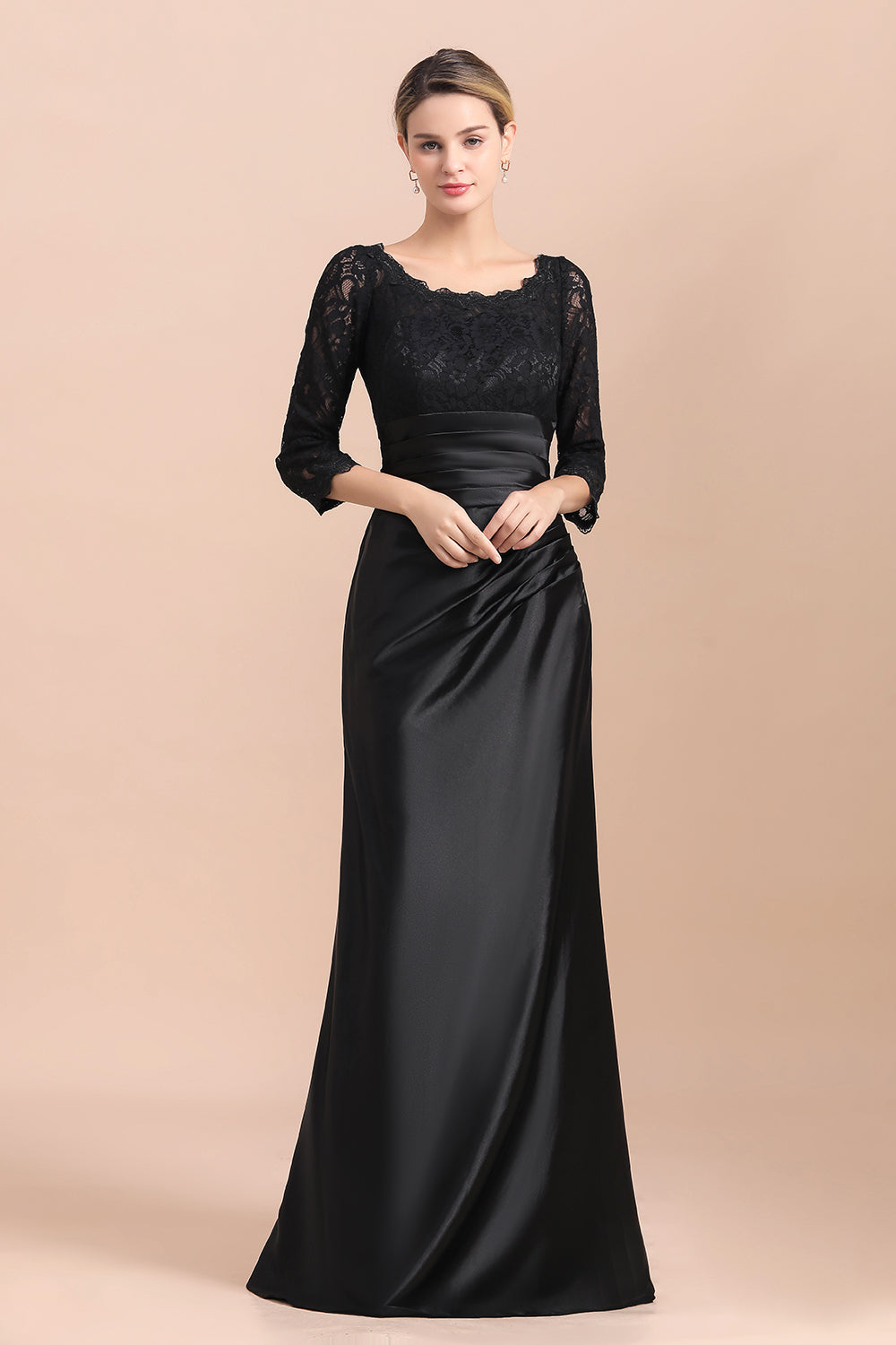 Vestido de madrina de la novia, elegante, con mangas 3/4, satén negro con encaje y volantes, en oferta.