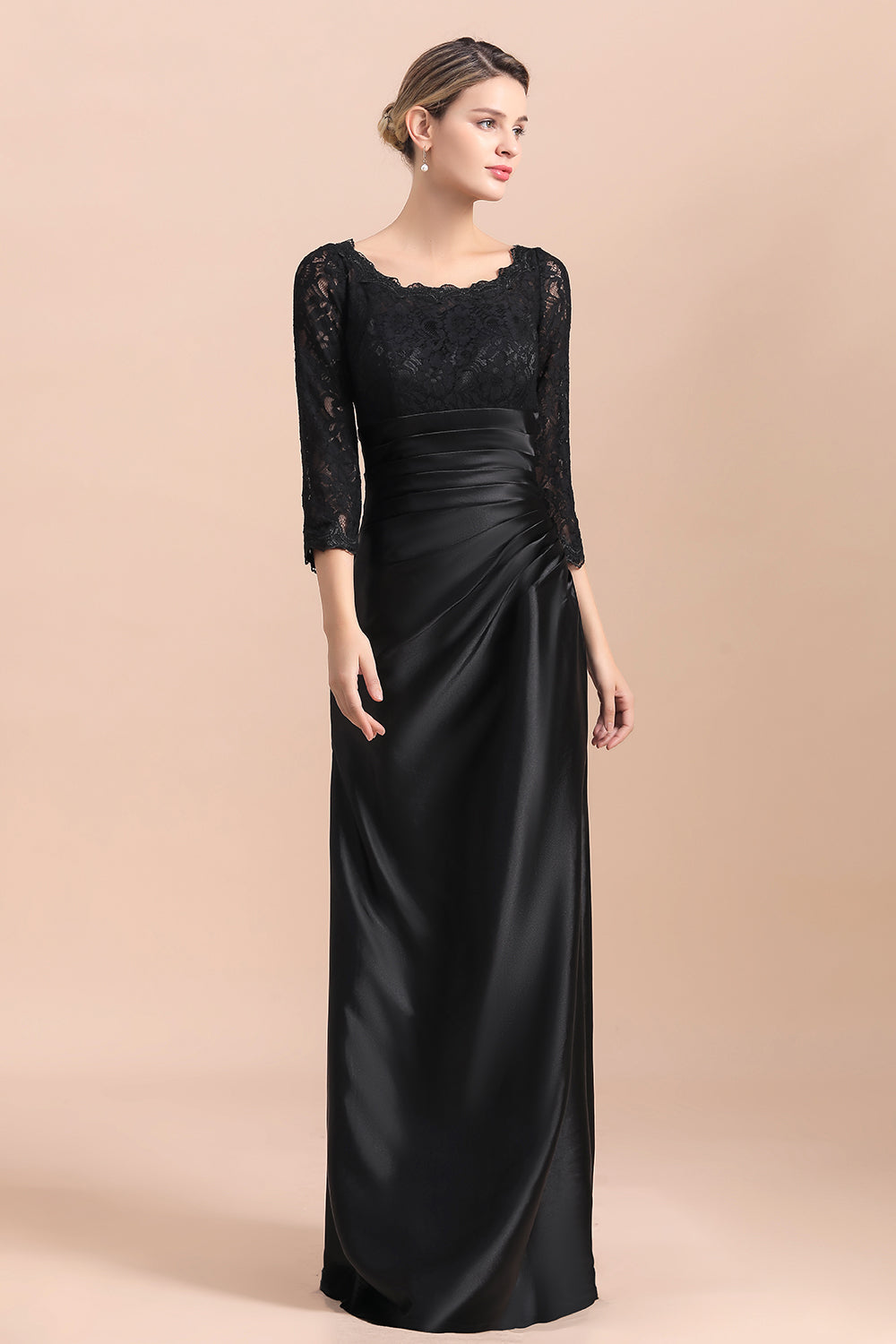 Vestido de madrina de la novia, elegante, con mangas 3/4, satén negro con encaje y volantes, en oferta.