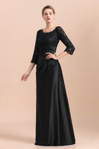 Vestido de madrina de la novia, elegante, con mangas 3/4, satén negro con encaje y volantes, en oferta.