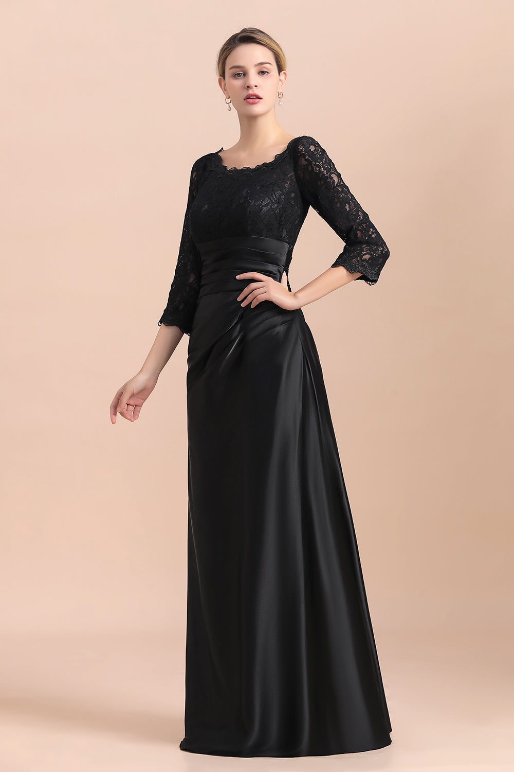 Vestido de madrina de la novia, elegante, con mangas 3/4, satén negro con encaje y volantes, en oferta.