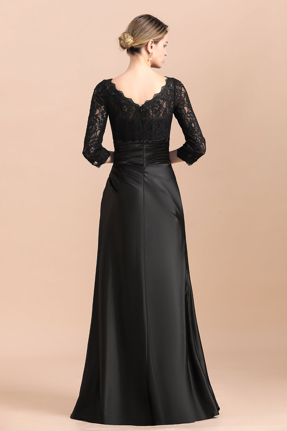 Vestido de madrina de la novia, elegante, con mangas 3/4, satén negro con encaje y volantes, en oferta.