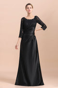Vestido de madrina de la novia, elegante, con mangas 3/4, satén negro con encaje y volantes, en oferta.