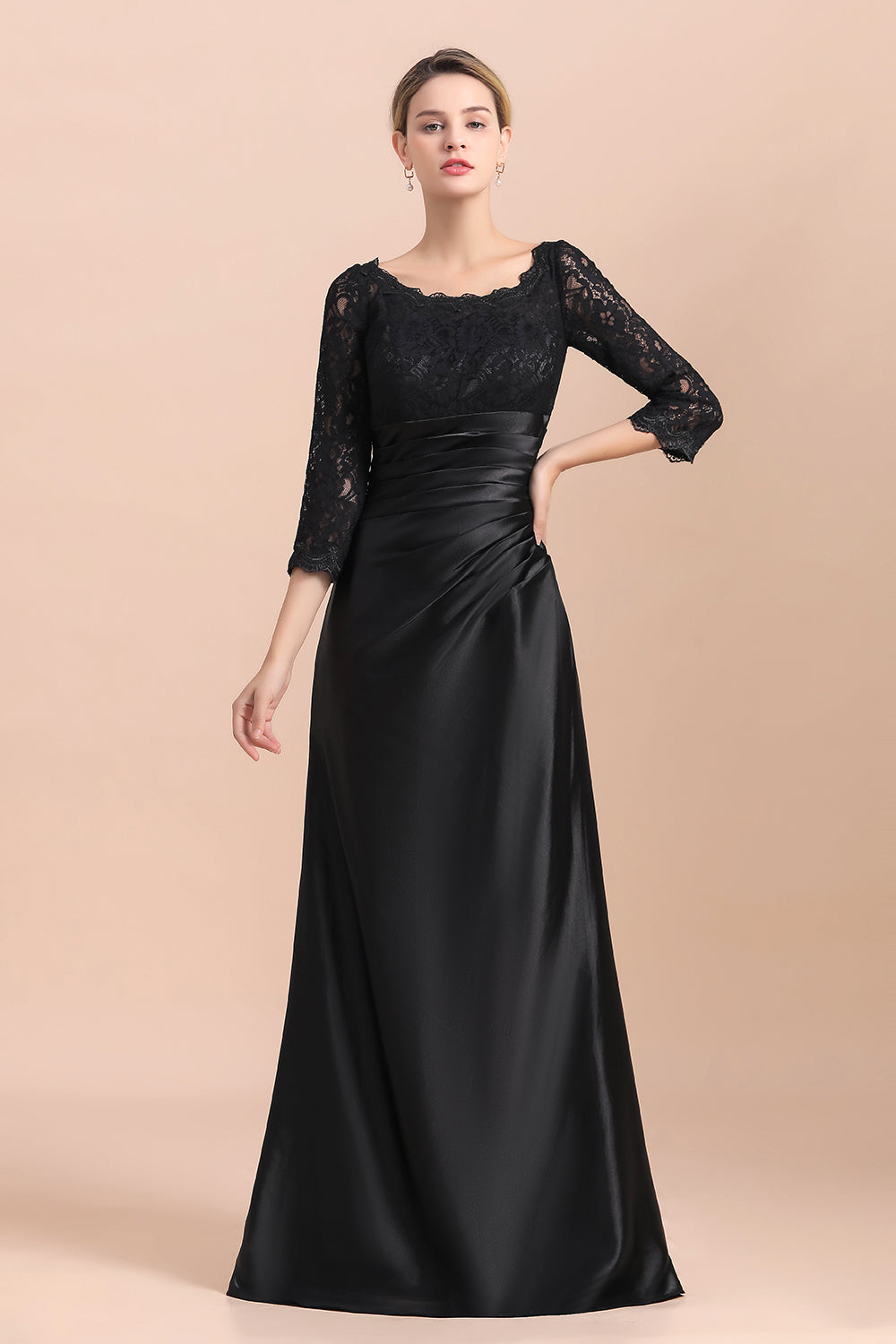 Vestido de madrina de la novia, elegante, con mangas 3/4, satén negro con encaje y volantes, en oferta.