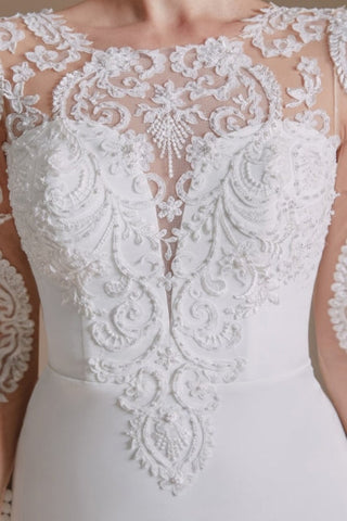 Elegantes vestidos de novia de satén de manga larga estilo sirena con estampado de joyas 