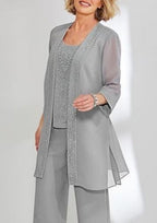 Elegante vestido de mamá de gasa de dos piezas con mangas largas y diseño joya