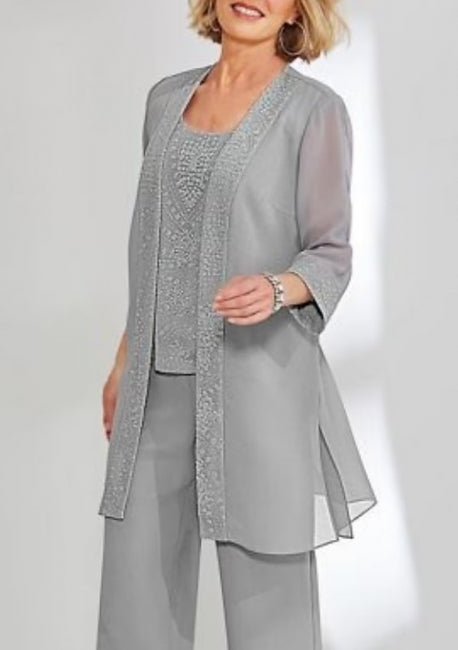 Elegante vestido de mamá de gasa de dos piezas con mangas largas y diseño joya