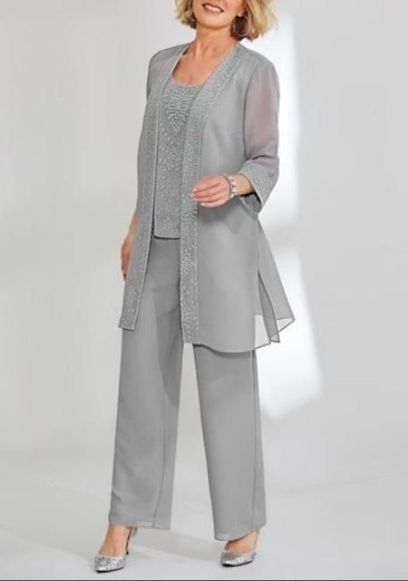 Elegante vestido de mamá de gasa de dos piezas con mangas largas y diseño joya