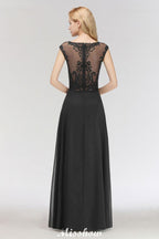 Elegante vestido de dama de honor negro de encaje, sin mangas y hasta el suelo, corte en A, con joyas