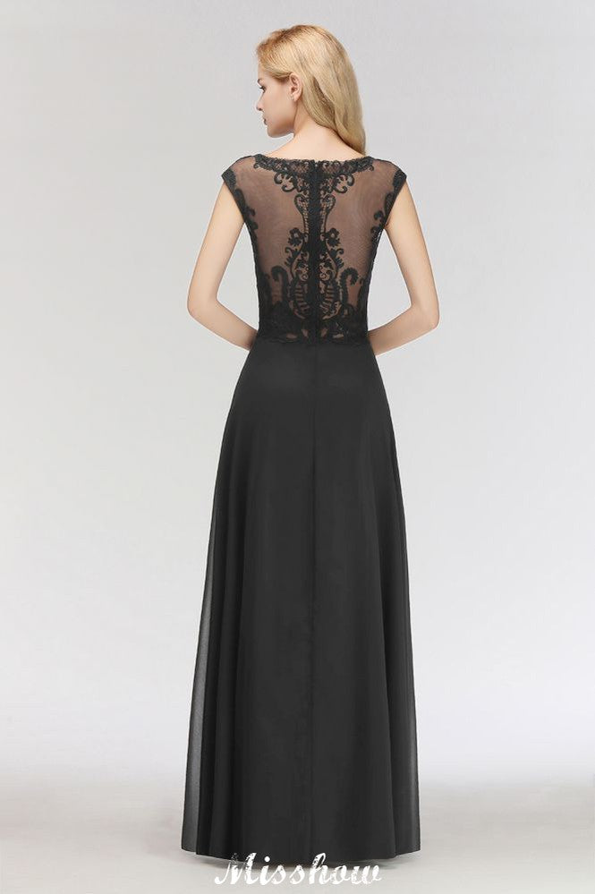 Elegante vestido de dama de honor negro de encaje, sin mangas y hasta el suelo, corte en A, con joyas