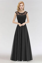 Elegante vestido de dama de honor negro de encaje, sin mangas y hasta el suelo, corte en A, con joyas