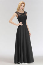 Elegante vestido de dama de honor negro de encaje, sin mangas y hasta el suelo, corte en A, con joyas