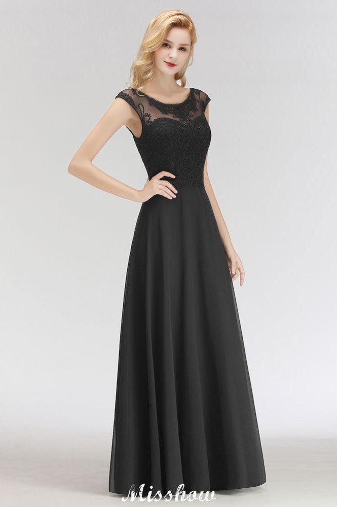 Elegante vestido de dama de honor negro de encaje, sin mangas y hasta el suelo, corte en A, con joyas