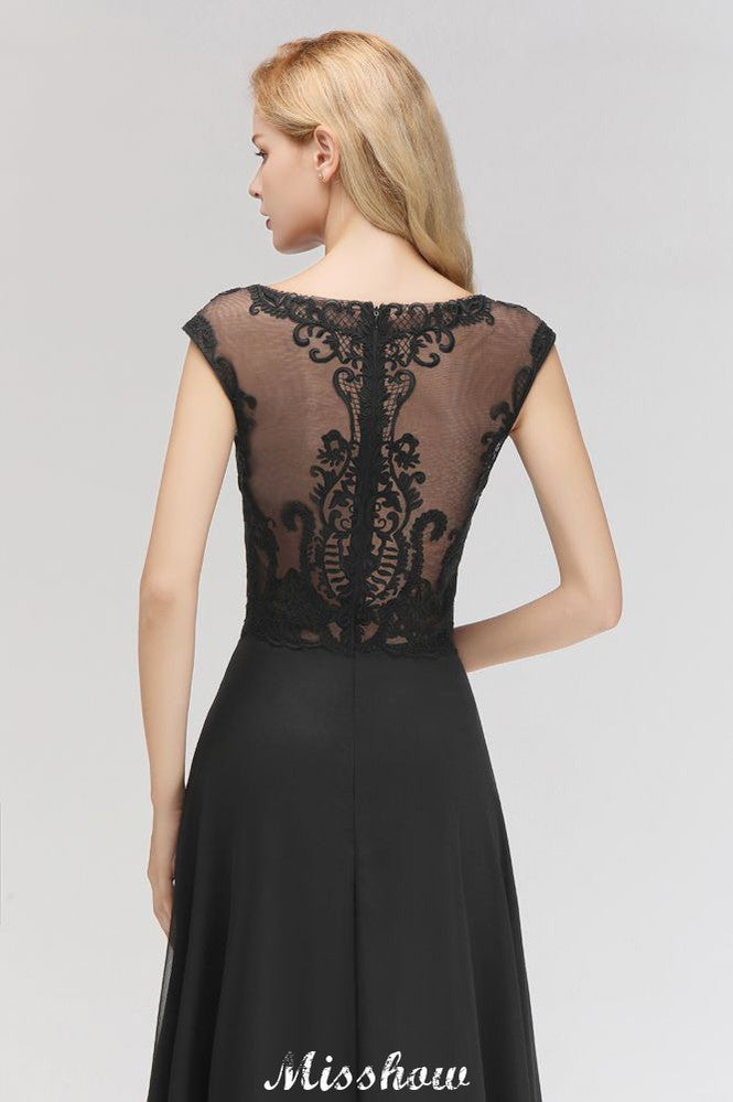 Elegante vestido de dama de honor negro de encaje, sin mangas y hasta el suelo, corte en A, con joyas