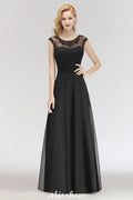 Elegante vestido de dama de honor negro de encaje, sin mangas y hasta el suelo, corte en A, con joyas