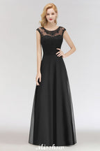 Elegante vestido de dama de honor negro de encaje, sin mangas y hasta el suelo, corte en A, con joyas