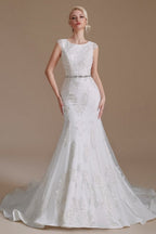 Elegantes vestidos de novia de satén sin mangas, estilo sirena, largos hasta el suelo, con encaje y detalles de encaje. 
