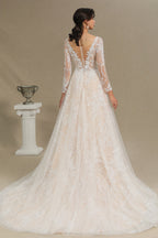Robe de mariée élégante en dentelle, décolleté en V profond, manches longues, longueur au sol 