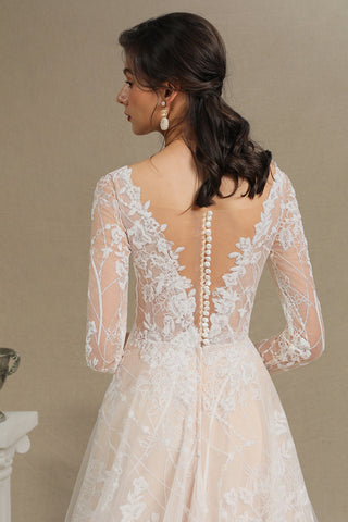 Elegant Lace Deep V-neck Wedding Dress Long Sleeve Floor Length Bridal Gowns