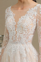 Robe de mariée élégante en dentelle, décolleté en V profond, manches longues, longueur au sol 