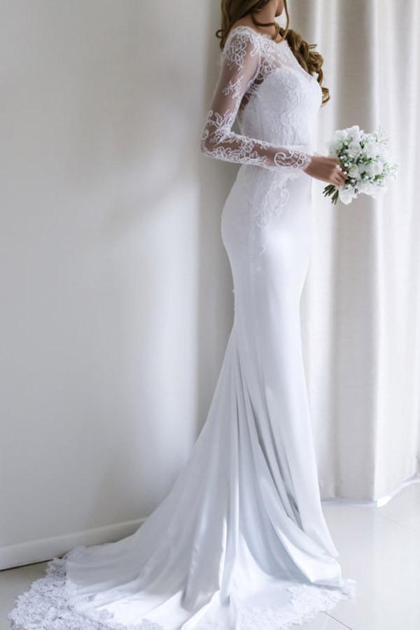 Robe de mariée sirène blanche élégante en dentelle, manches longues et traîne WD110