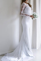Robe de mariée sirène blanche élégante en dentelle, manches longues et traîne WD110