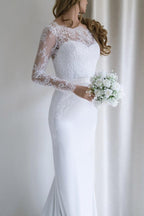 Robe de mariée sirène blanche élégante en dentelle, manches longues et traîne WD110