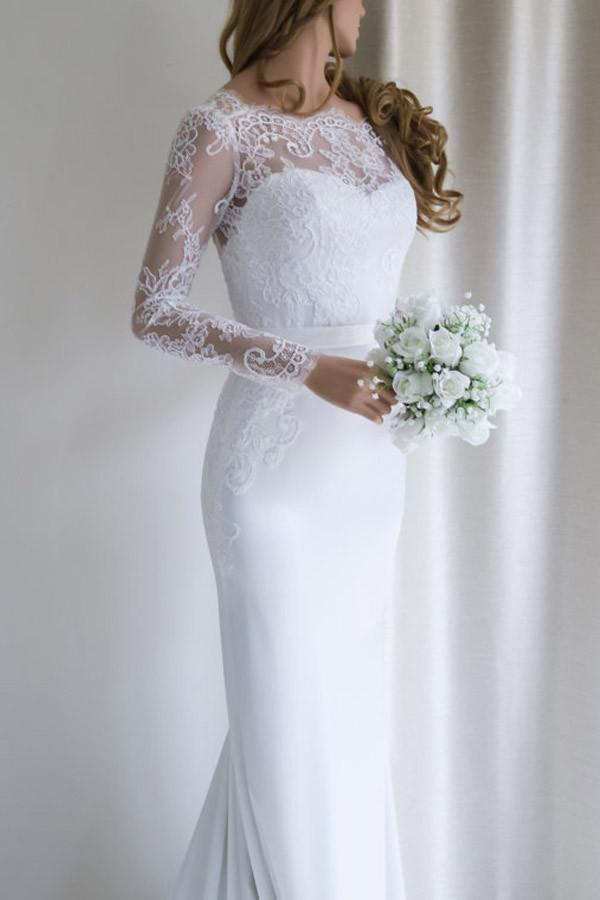 Robe de mariée sirène blanche élégante en dentelle, manches longues et traîne WD110