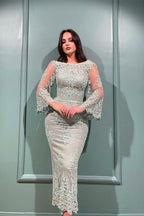 Elegantes vestidos de noche de sirena de encaje con mangas largas