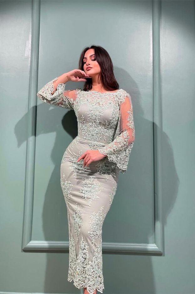 Elegantes vestidos de noche de sirena de encaje con mangas largas
