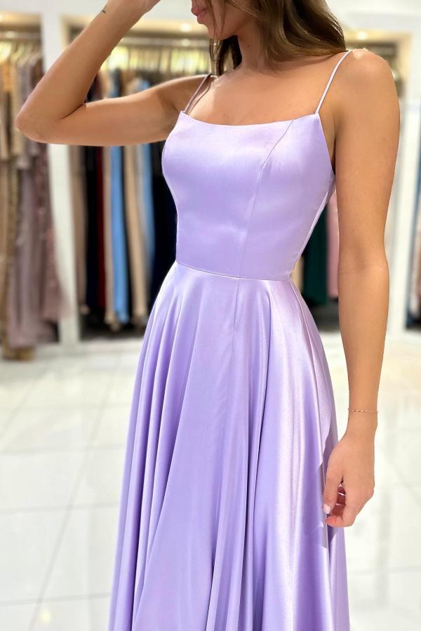 Elegantes vestidos de fiesta largos de satén color lila, corte en A, tirantes finos y cordones