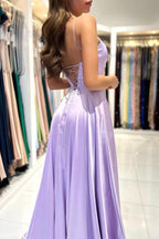 Élégantes robes de bal longues en satin lilas, coupe trapèze, bretelles spaghetti et laçage