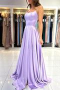 Élégantes robes de bal longues en satin lilas, coupe trapèze, bretelles spaghetti et laçage