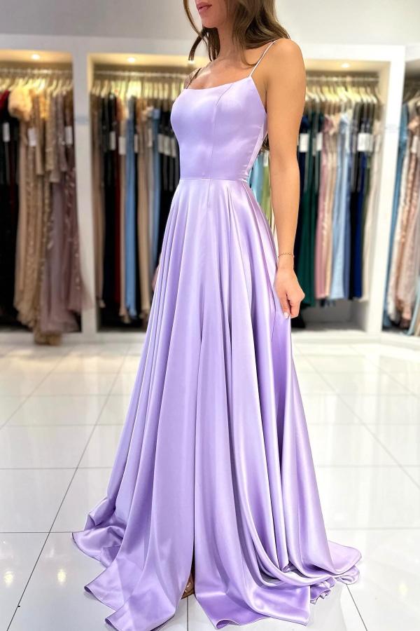Elegantes vestidos de fiesta largos de satén color lila, corte en A, tirantes finos y cordones