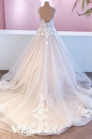 Elegante vestido de novia largo de corte A con apliques, encaje, tul y escote corazón sin espalda